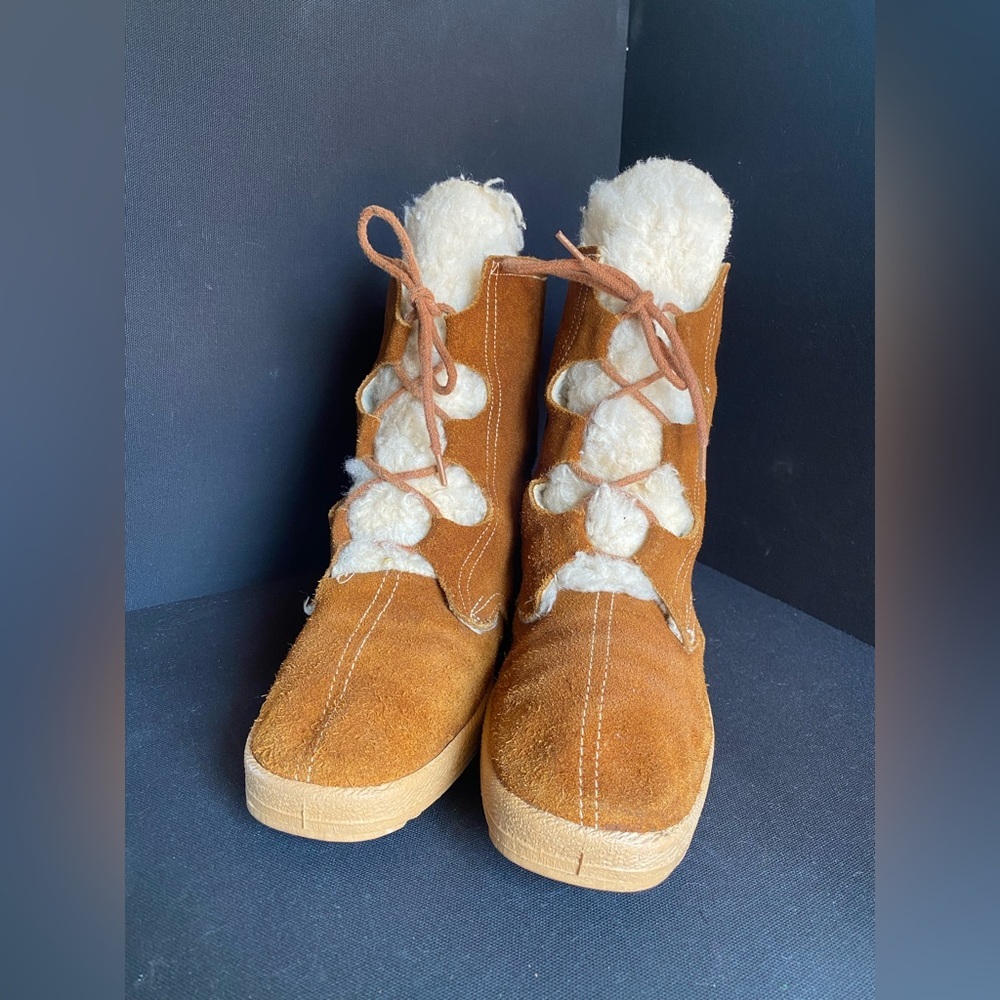 Outdoor Life Made in Italy Brown Suede Shearling Boots Vintage 70s Leather Boho - Picture 2 of 8
